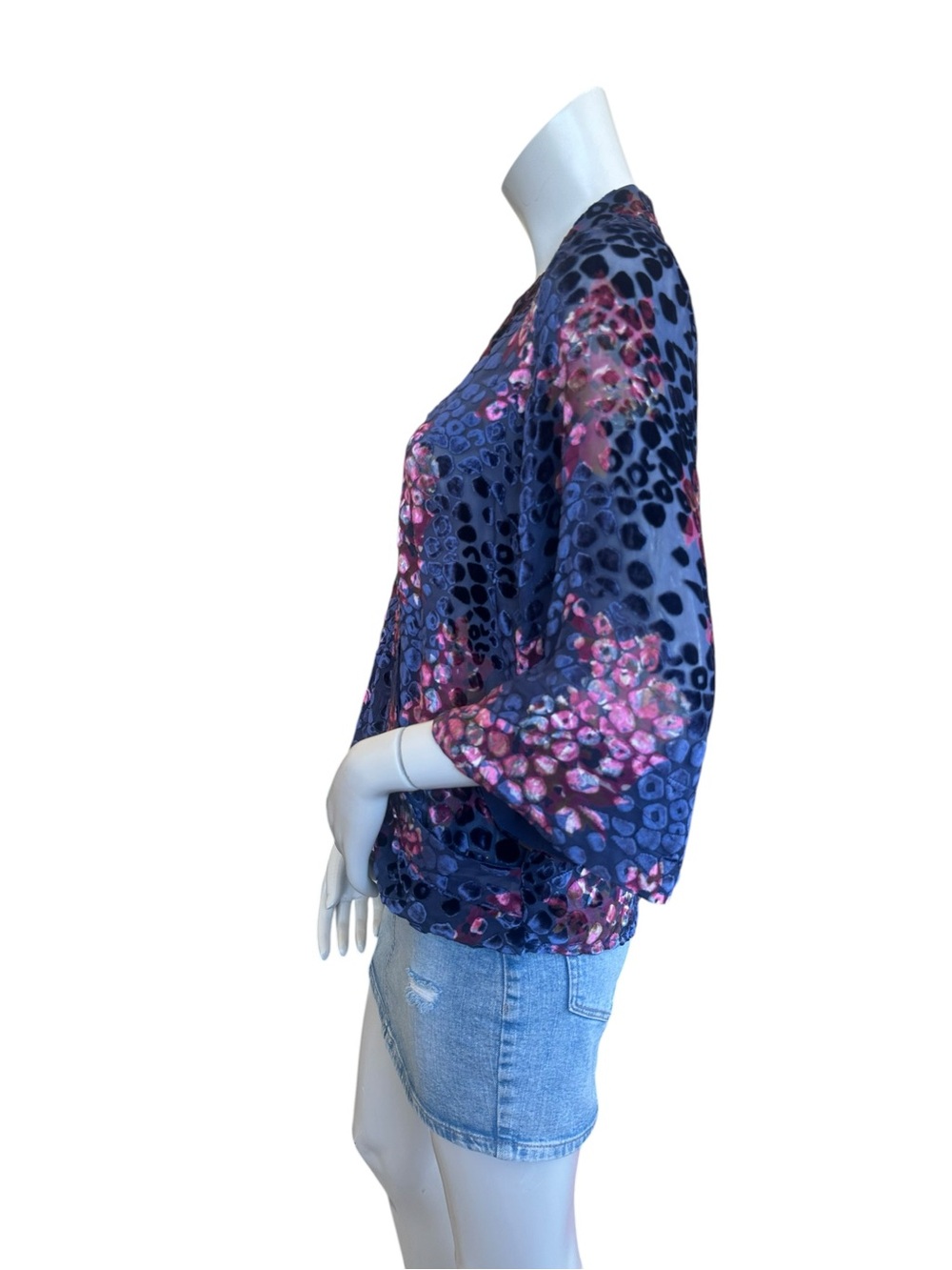 Anthropologie Floreat Navy Blue Pink Floral Leopard Silk Blend Burnout Blouse XS - Picture 5 of 8